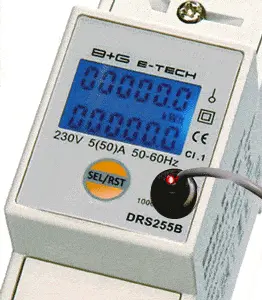 Wechselstromzähler DRS255B mit blinkender S0-Impuls-LED und S0-Recorder-Adapter S0-OC1