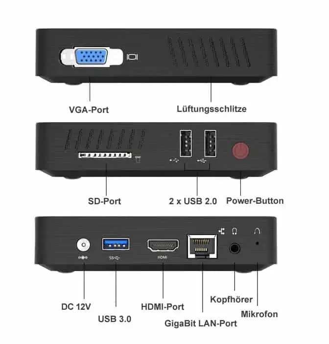 Steckverbindungen: VGA-Port, SD-Card, 2 x USB2, 12V DC, USB3, HDMI, LAN