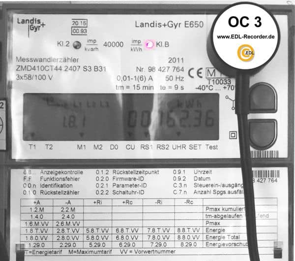 Lastgangzähler mit Optokopf OC3 für die Erfassung von Stromverbrauch über das optisch gesendete Protokoll IEC1107